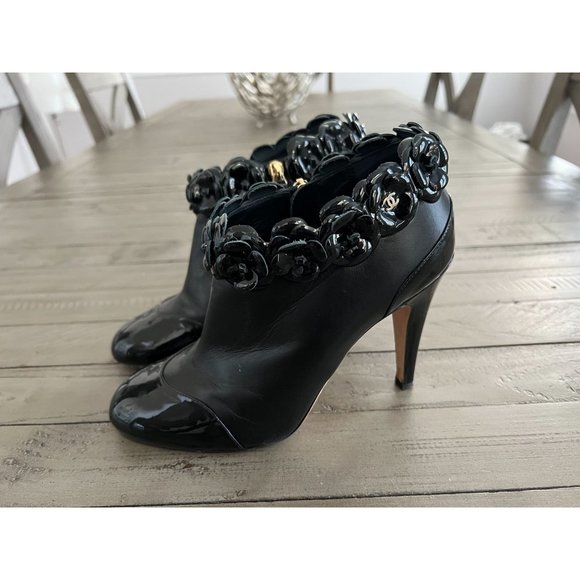 CHANEL Camellia Flowers Patent Leather Heeled Ankle Booties Black Size 38C - Picture 5 of 13